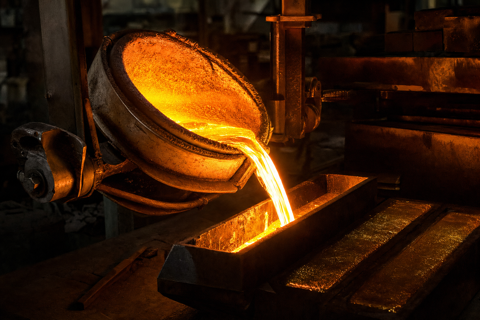 Molten gold pouring into an ingot mold at a refinery