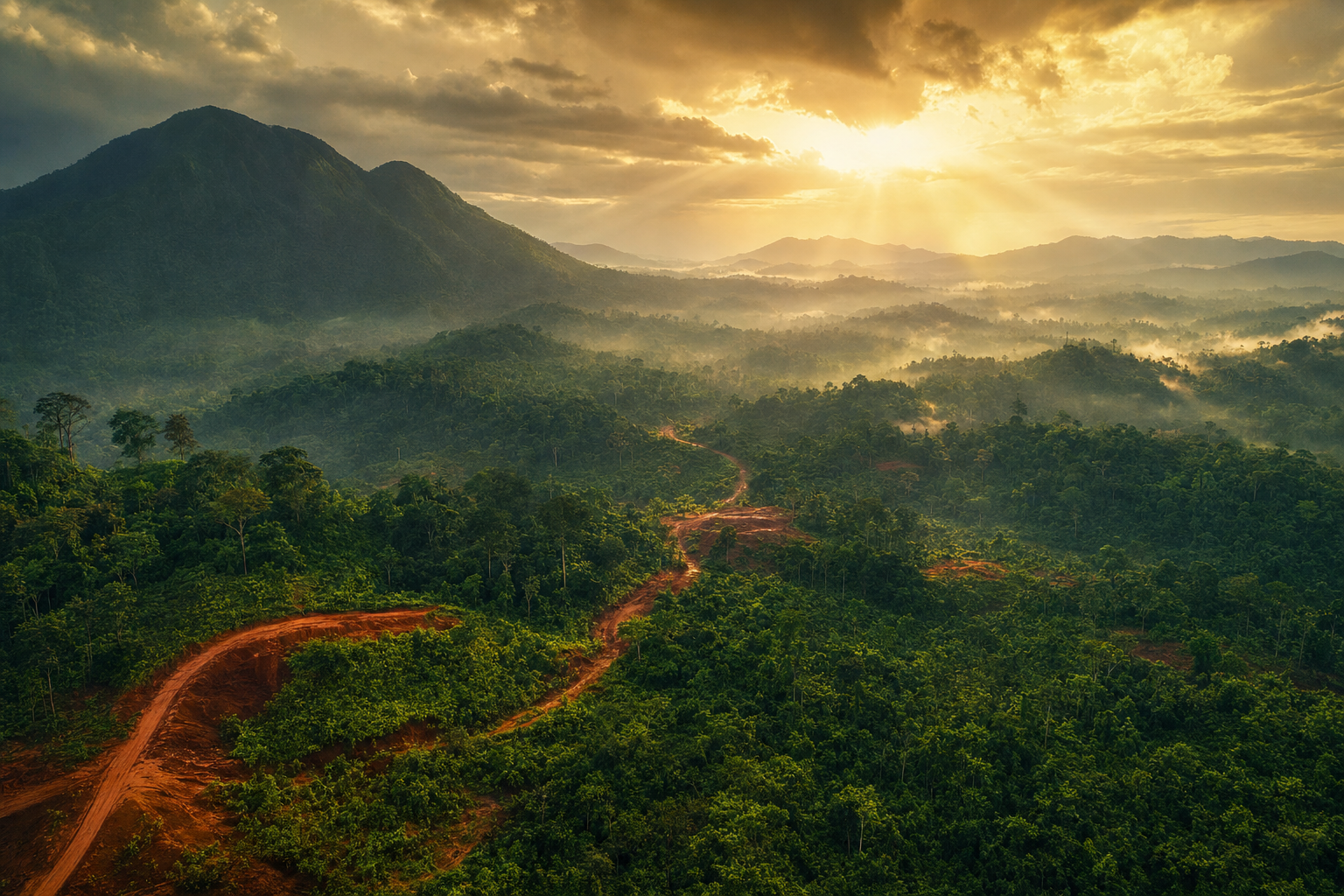 Aerial view of Liberian rainforest at golden hour with laterite paths cutting through green canopy