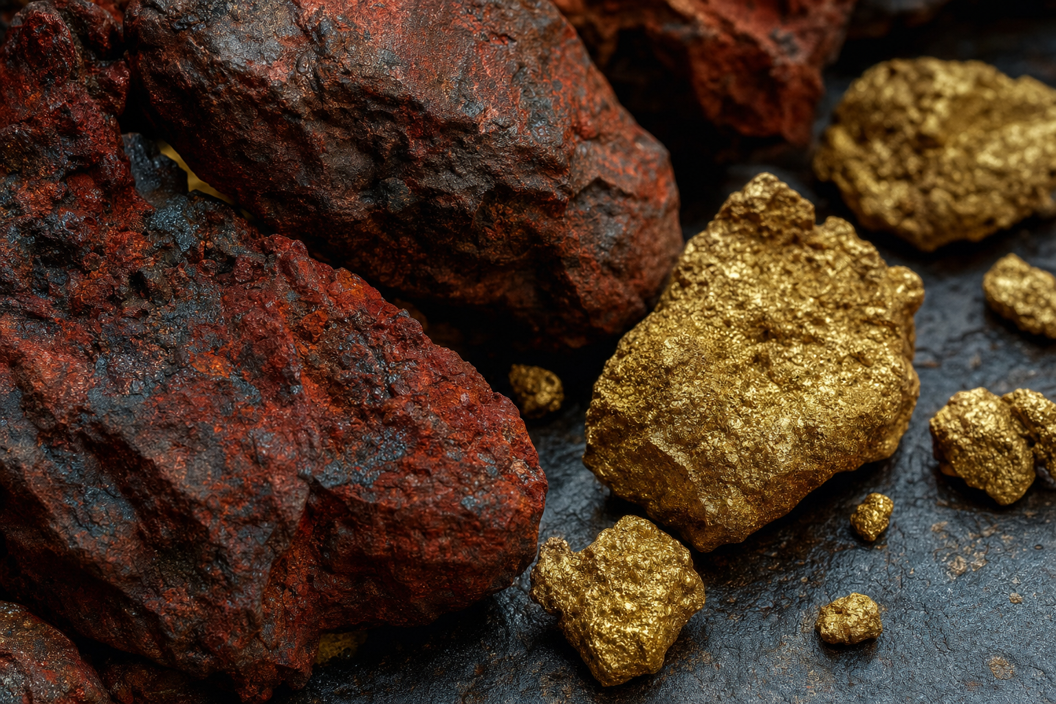 Raw iron ore and gold nuggets on textured dark stone